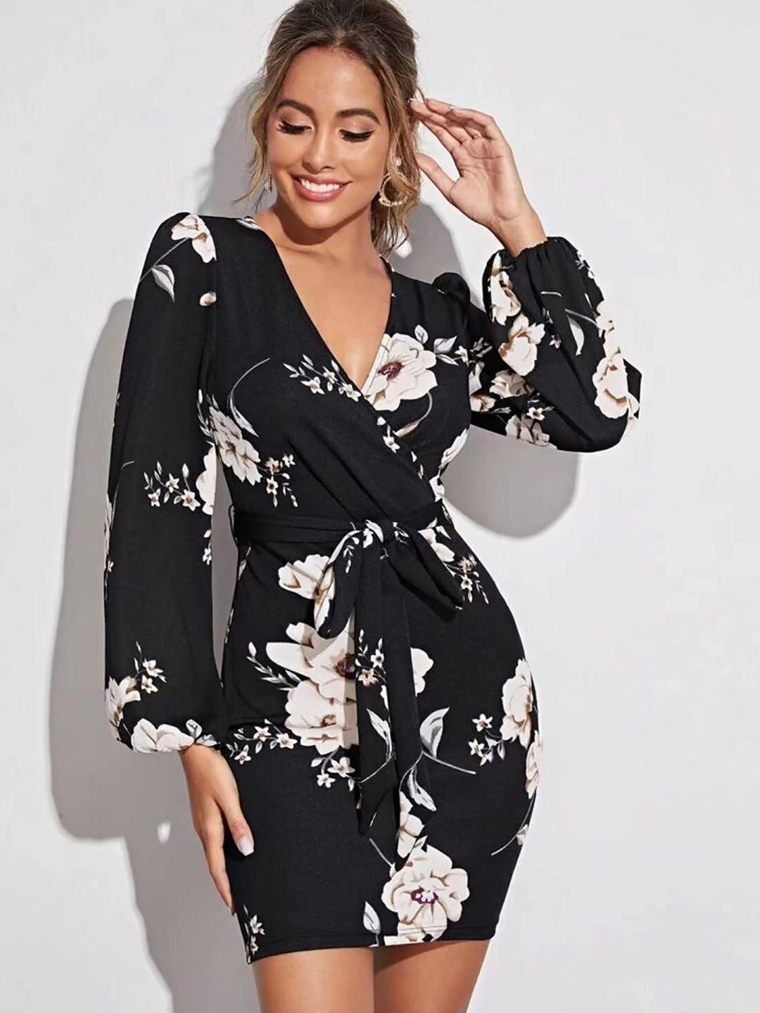 

StyleCast x Revolte Women Floral Printed Wrap Mini Dress, Black