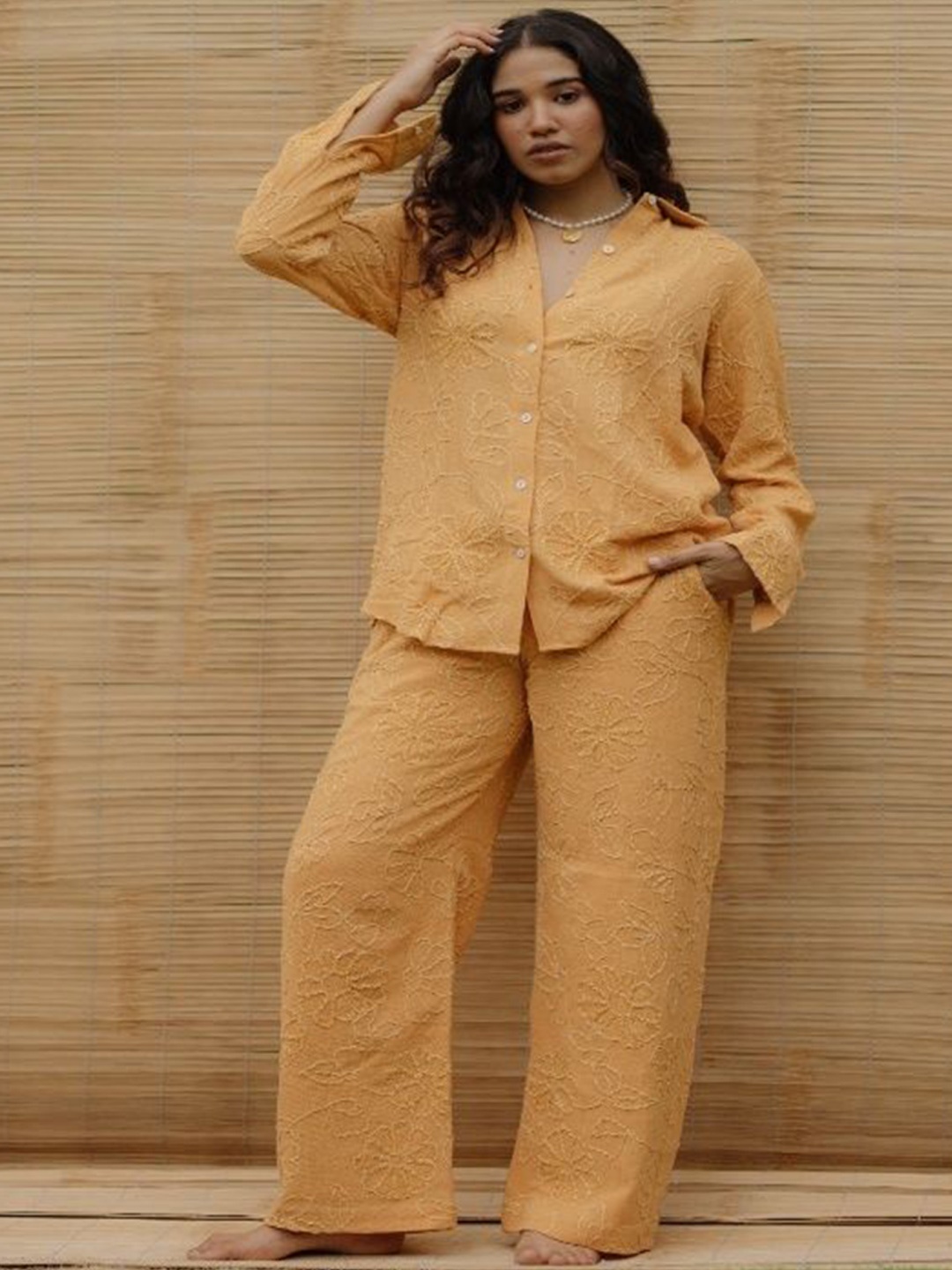

LABEL SUGAR Floral Thread Work Linen Shirt With Trousers Co-Ords, Yellow