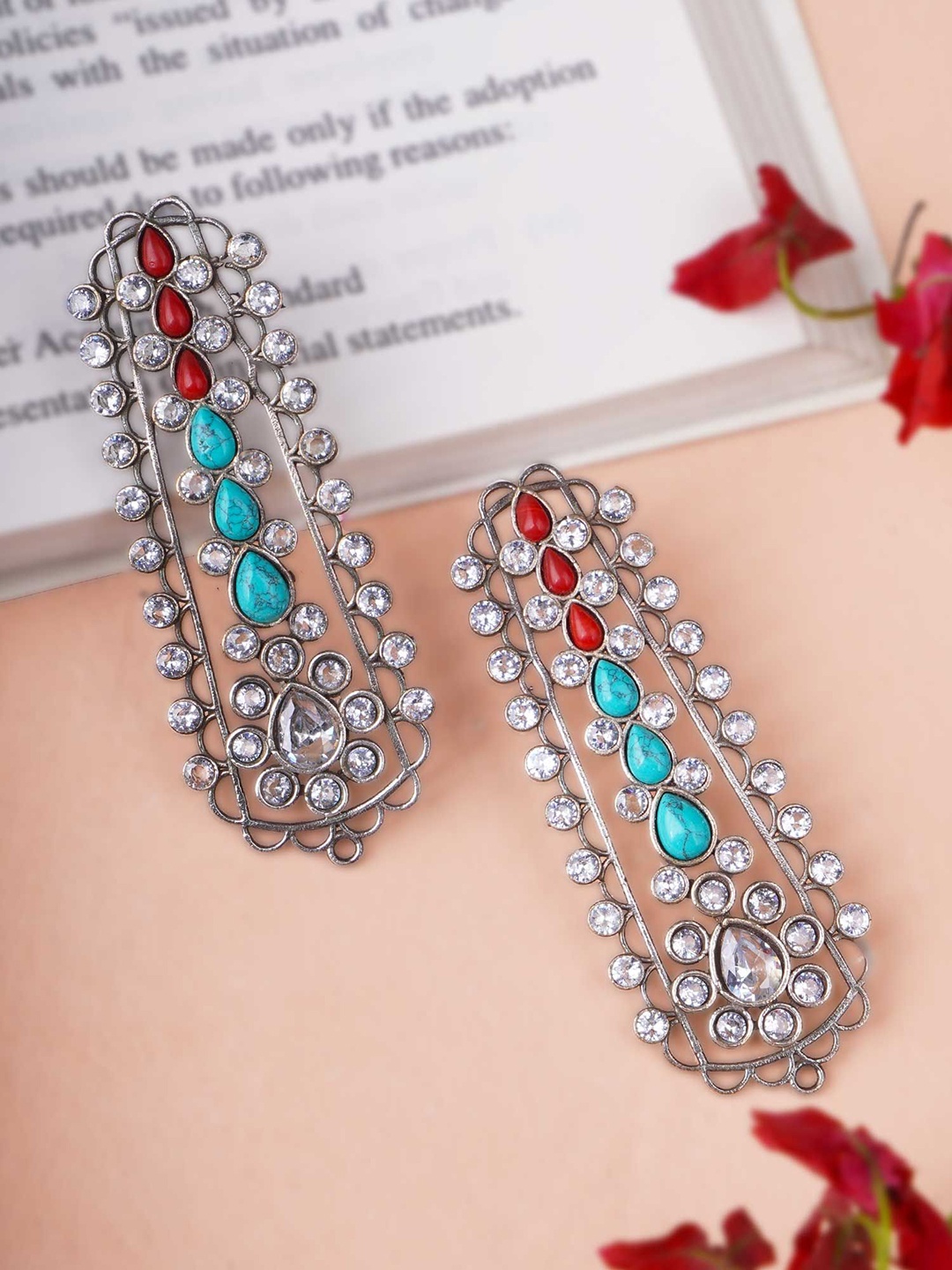 

Sangria Red Silver-Plated Kundan Studded Contemporary Oxidised Drop Earrings