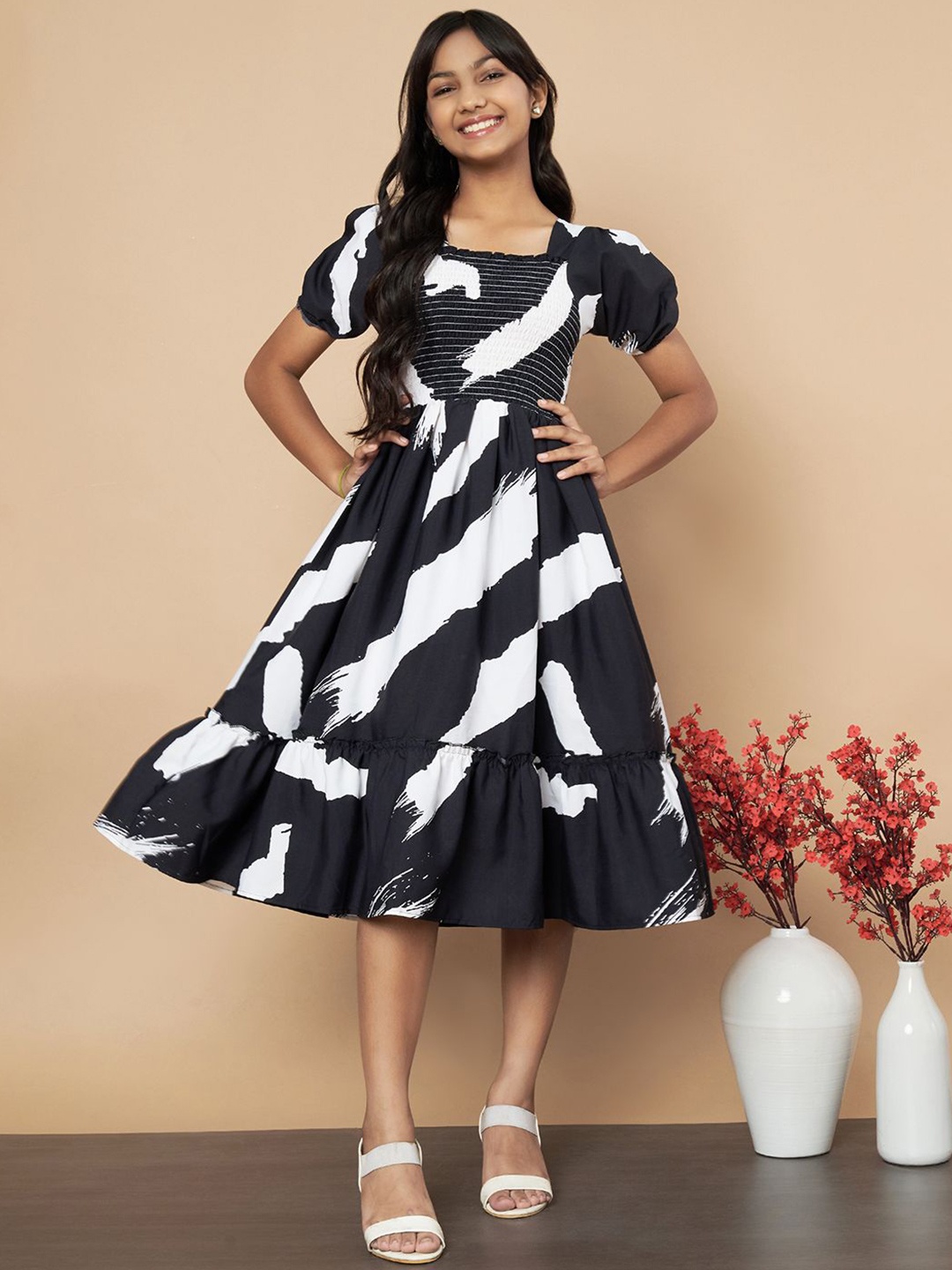 

ZWERLON Girls Printed Smocked Tiered Cotton Fit & Flare Midi Dress, Black