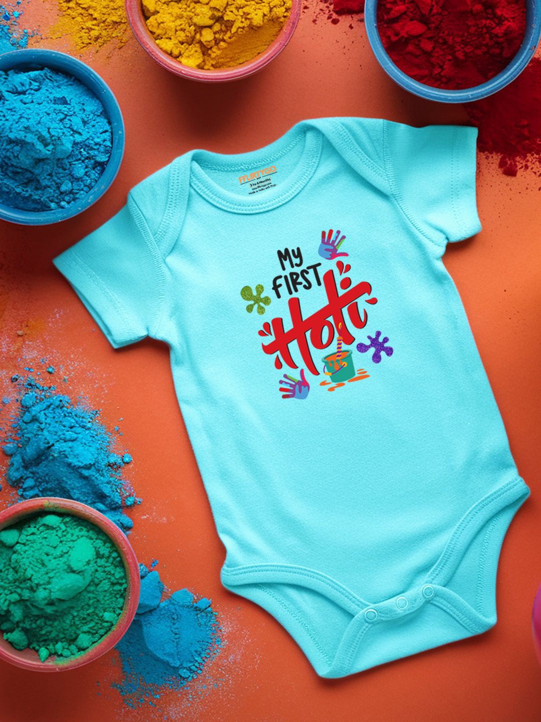 

FFLIRTYGO Infants Holi Printed Cotton Bodysuit, Turquoise blue