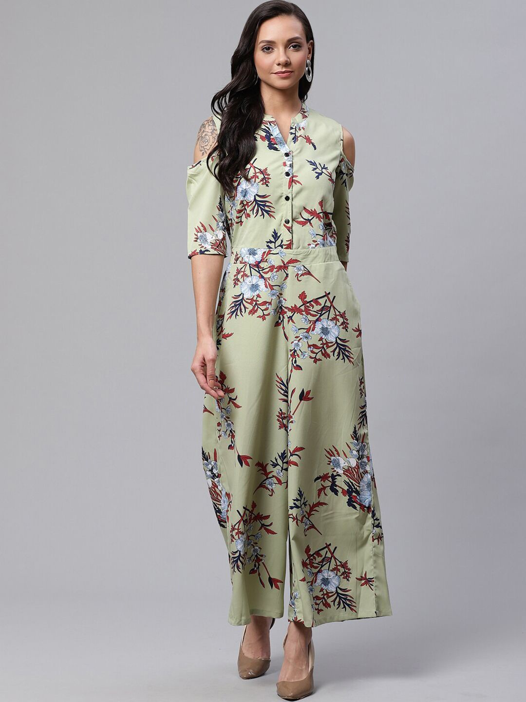 

DressBerry Floral Print Cold-Shoulder Crepe A-Line Maxi Dress, Green