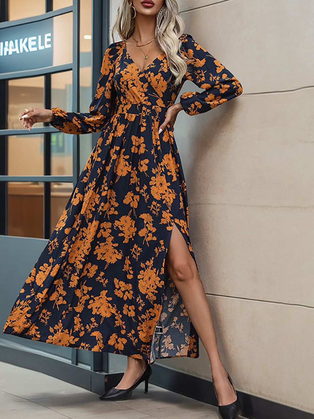 

StyleCast x Revolte Floral Print Bishop Sleeve A-Line Midi Dress, Black