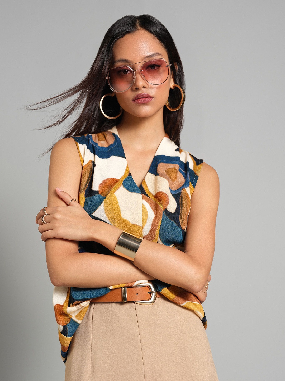 

AND Floral Print Wrap Top, Beige