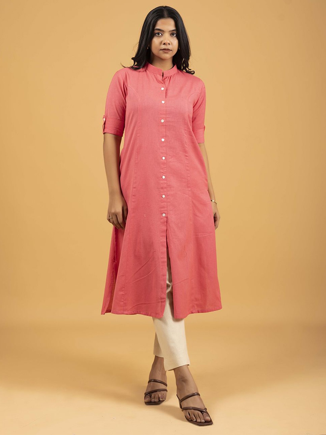 

SPARSA Women Mandarin Collar Pure Cotton A-Line Kurta, Pink