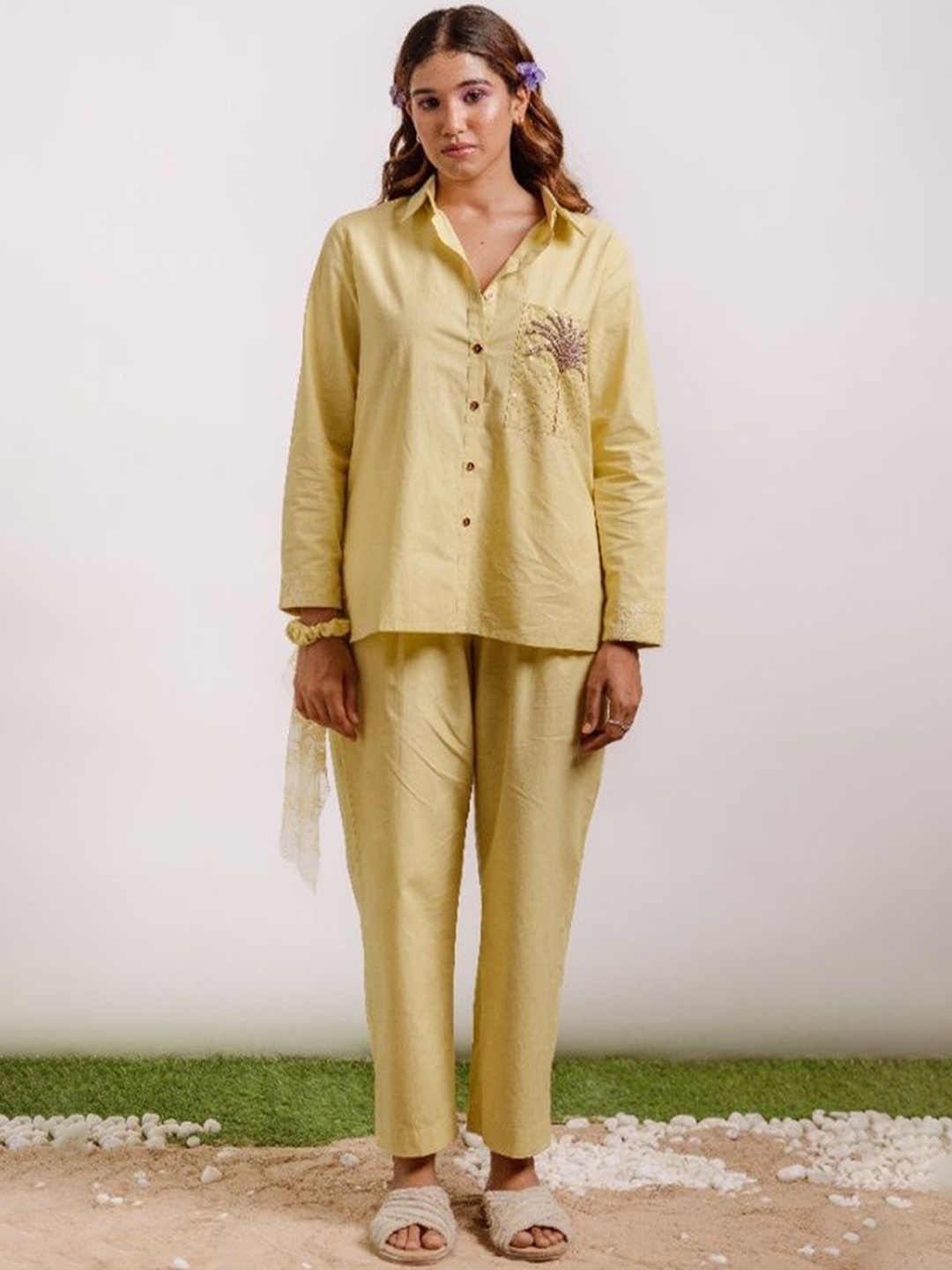 

LABEL SUGAR Floral Embellished Cotton Shirt With Pyjamas, Yellow