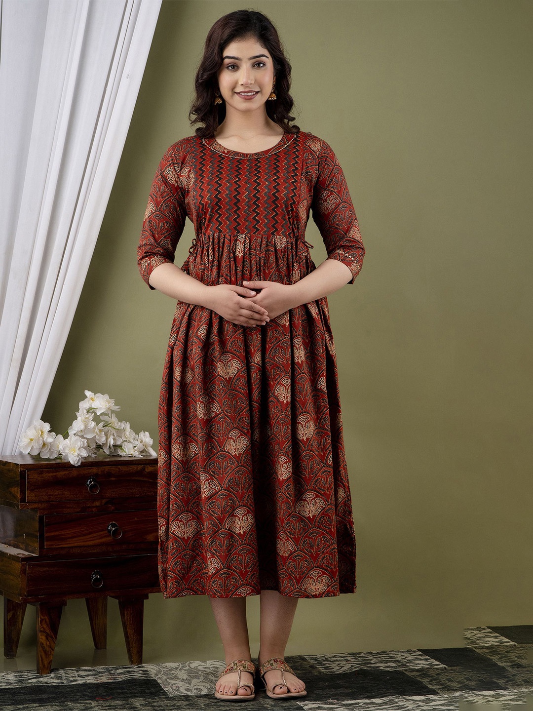 

UrbanRang Women Ethnic Motifs Print Maternity Fit & Flare Cotton Midi Dress, Maroon