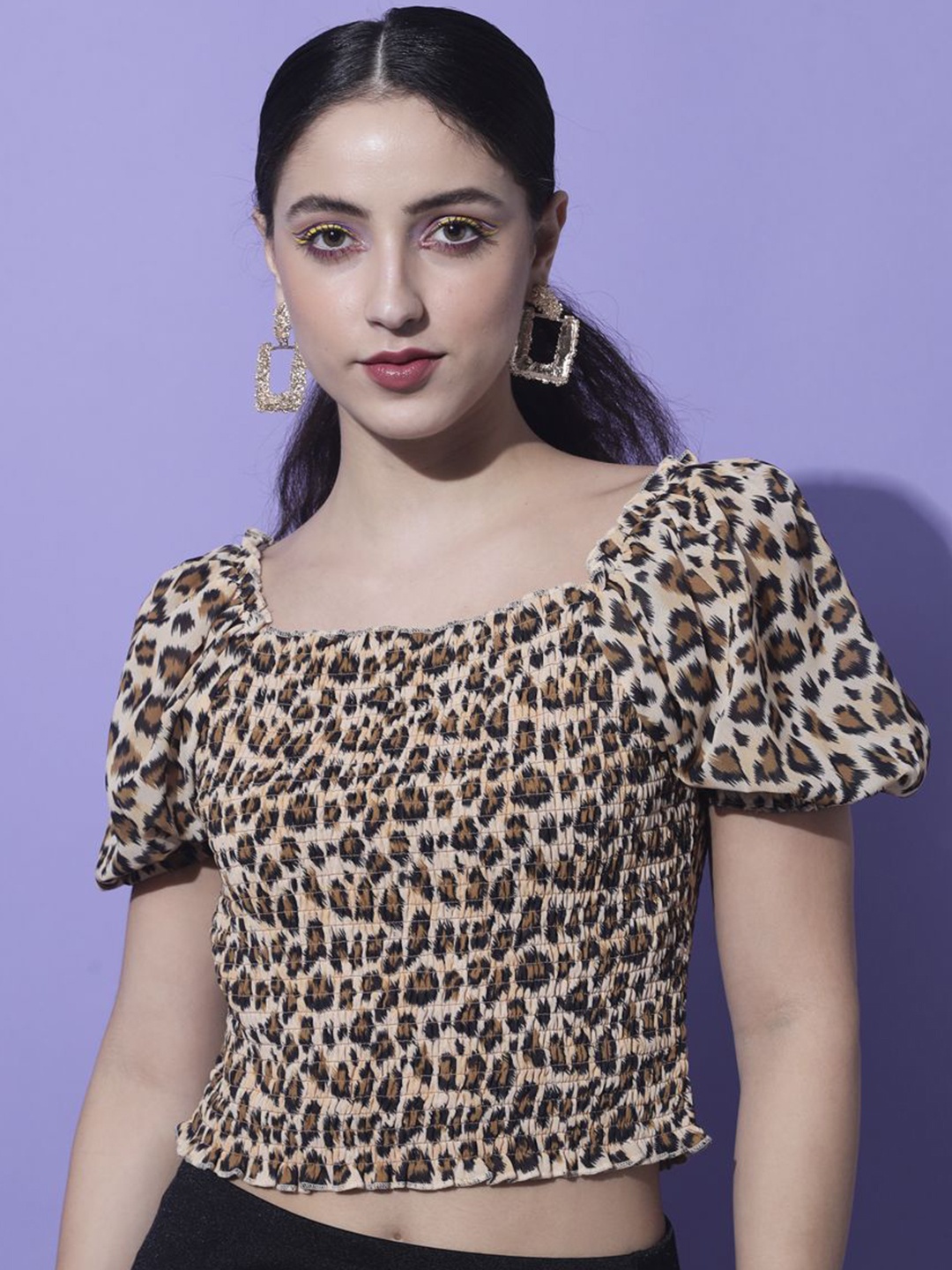 

Moda Rapido Women Animal Print Puff Sleeve Georgette Crop Top, Cream