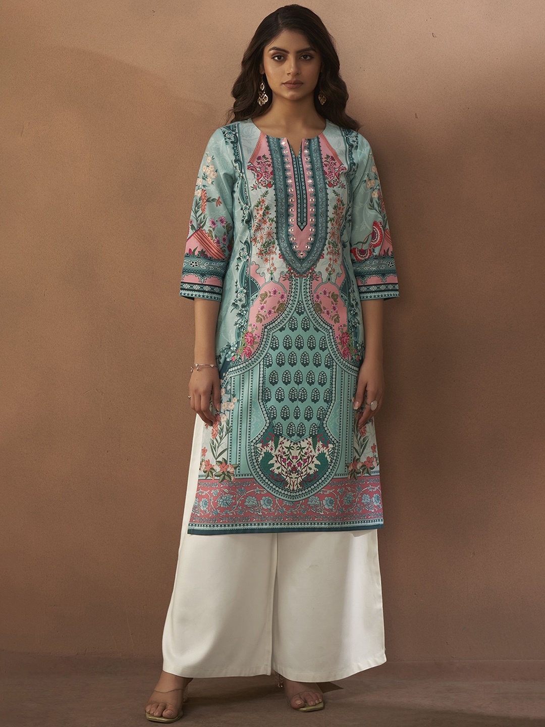 

Anouk Blue & Pink Ethnic Motifs Printed Notch Neck Mirror Work Straight Kurta