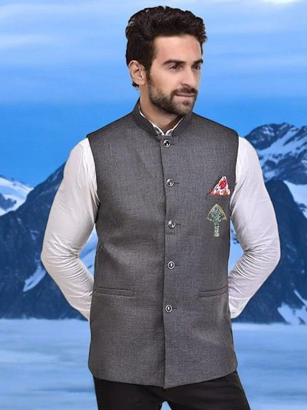 

Eliq Jute Cotton Mandarin Collar Nehru Jacket with Brooch, Grey