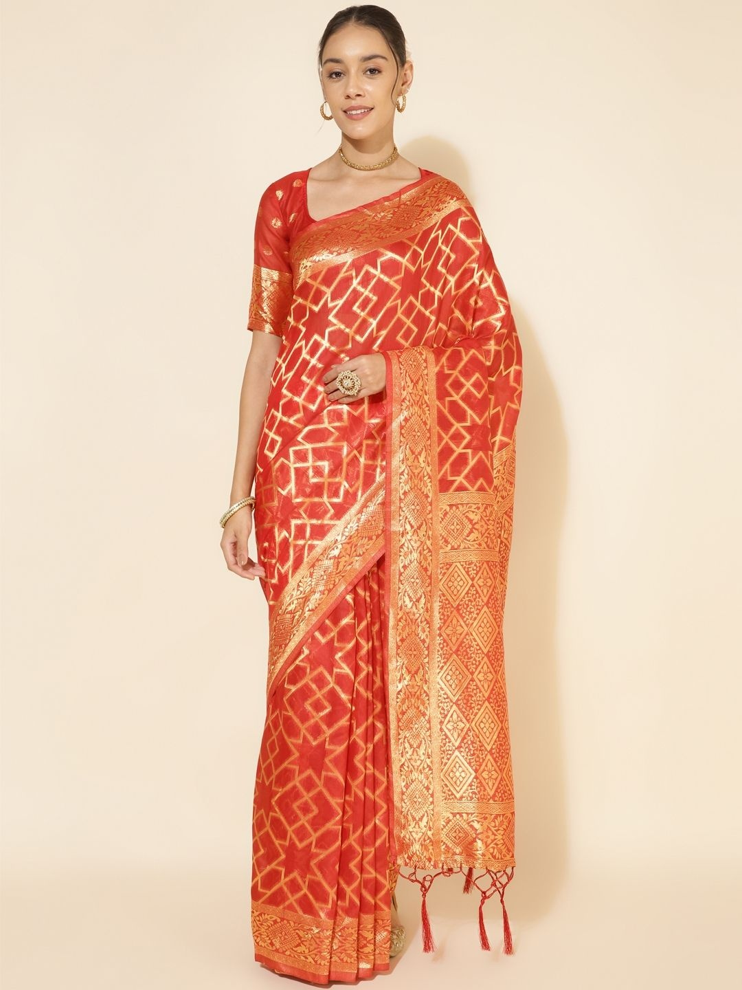 

Indeloom Woven Design Zari Silk Blend Chanderi Saree, Red