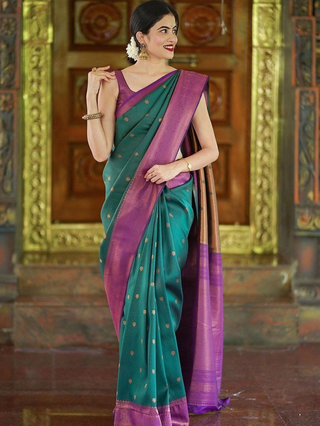 

bansari textiles Woven Design Zari Pure Silk Kanjeevaram Saree, Green