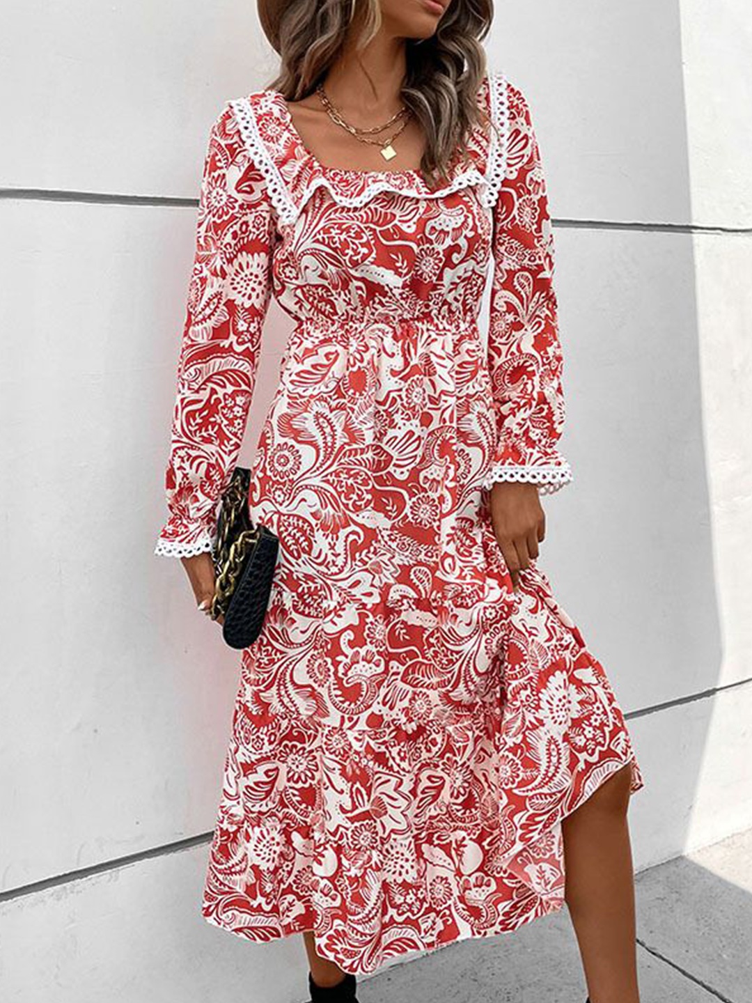 

StyleCast Women Floral Printed Lace Fit & Flare Midi Dress, Red