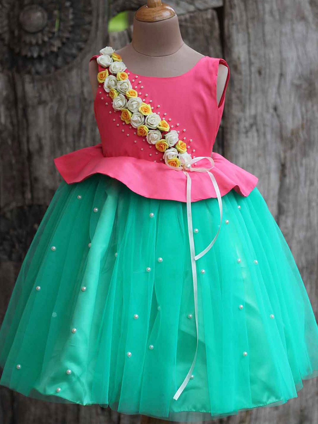 

Li & Li Boutique Girls Peplum Mint Green and Pink Flower Frock, Rose