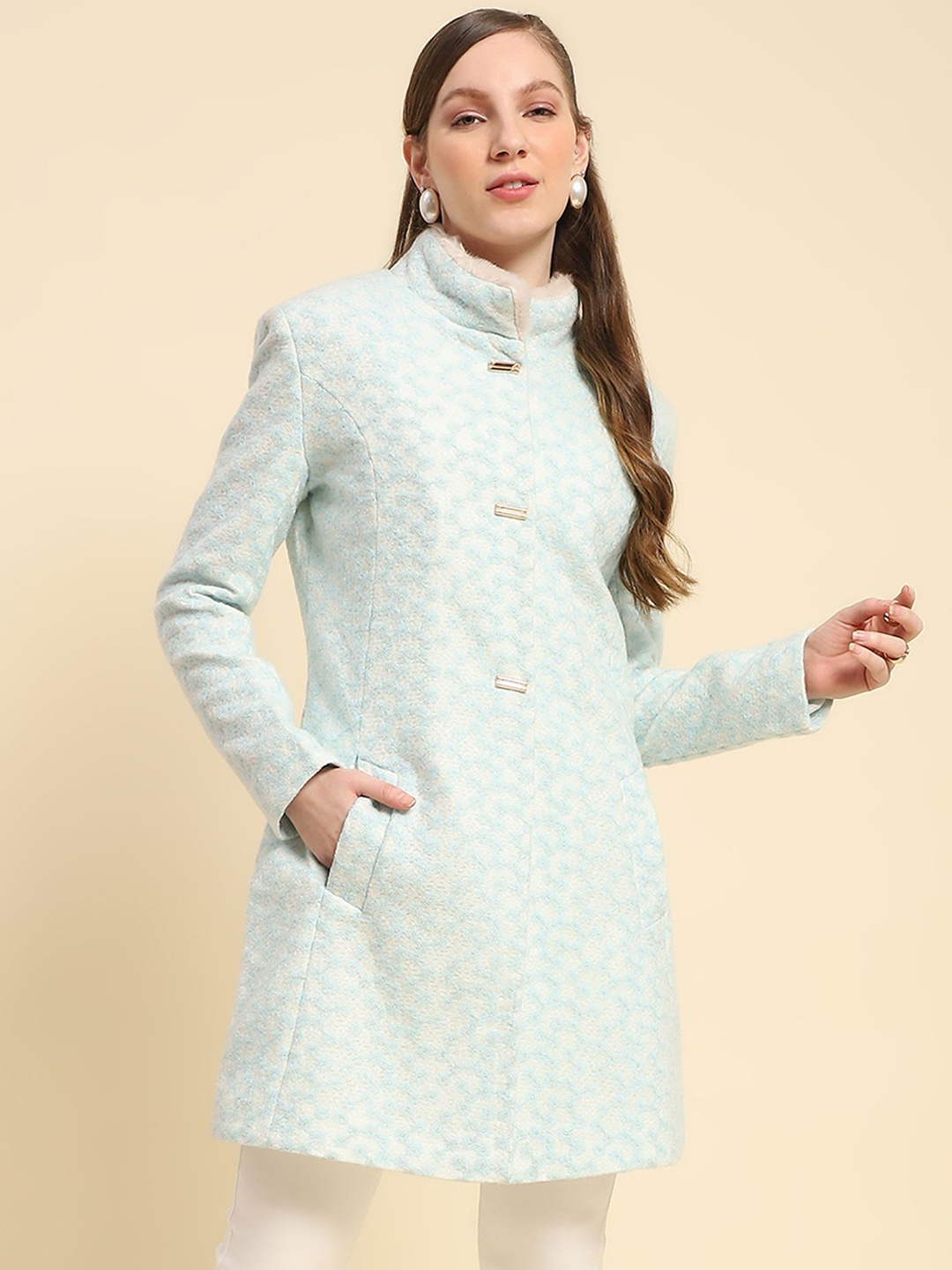 

Global Republic Women Self Designed Single-Breasted Overcoat, Blue