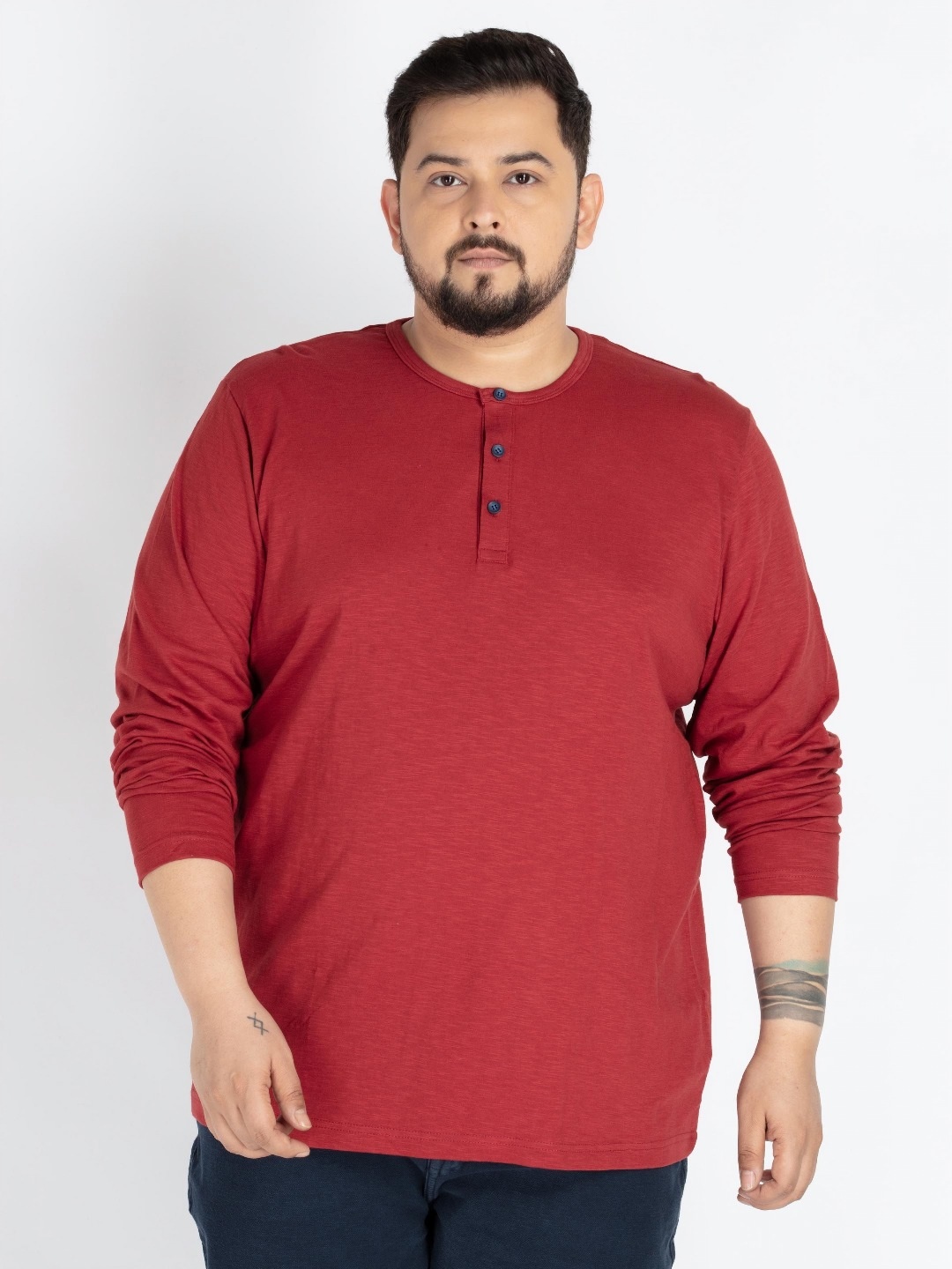 

UNSIZED Men Plus Size Solid Henley Neck Cotton T-shirt, Red