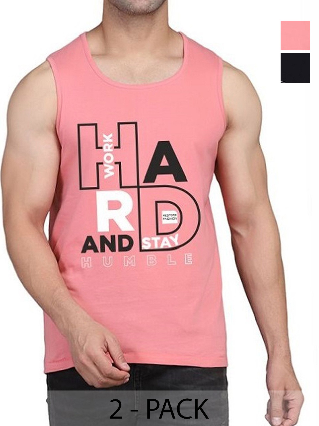 

WOOSTRO Men Pack Of 2 Typography Printed Round Neck Cotton Slim Fit T-shirts, Peach
