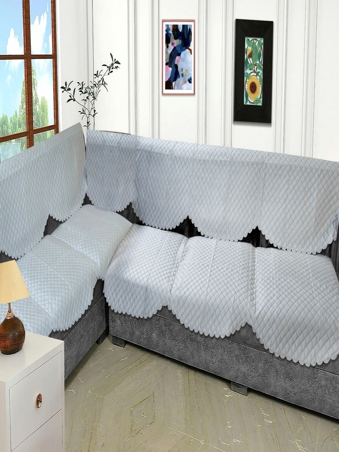 

Fashion Throw Silver-Toned Checked Velvet Sofa Cover
