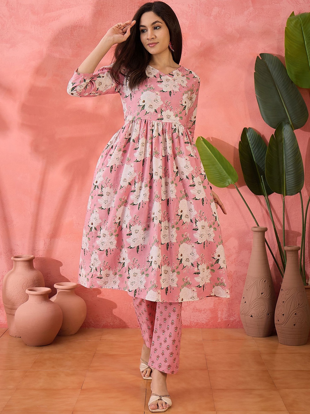 

Sangria Pink Floral Printed Empire V-Neck Pure Cotton A-Line Kurta With Trousers