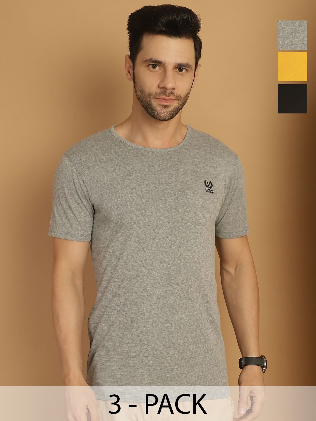 

MACK JONNEY Men Pack Of 3 Solid Round Neck Cotton T-shirts, Grey