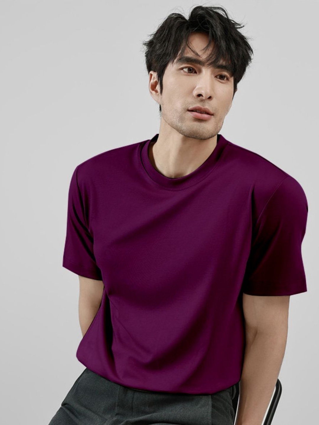 

madfrog Men Solid Round Neck Cotton T-shirt, Purple