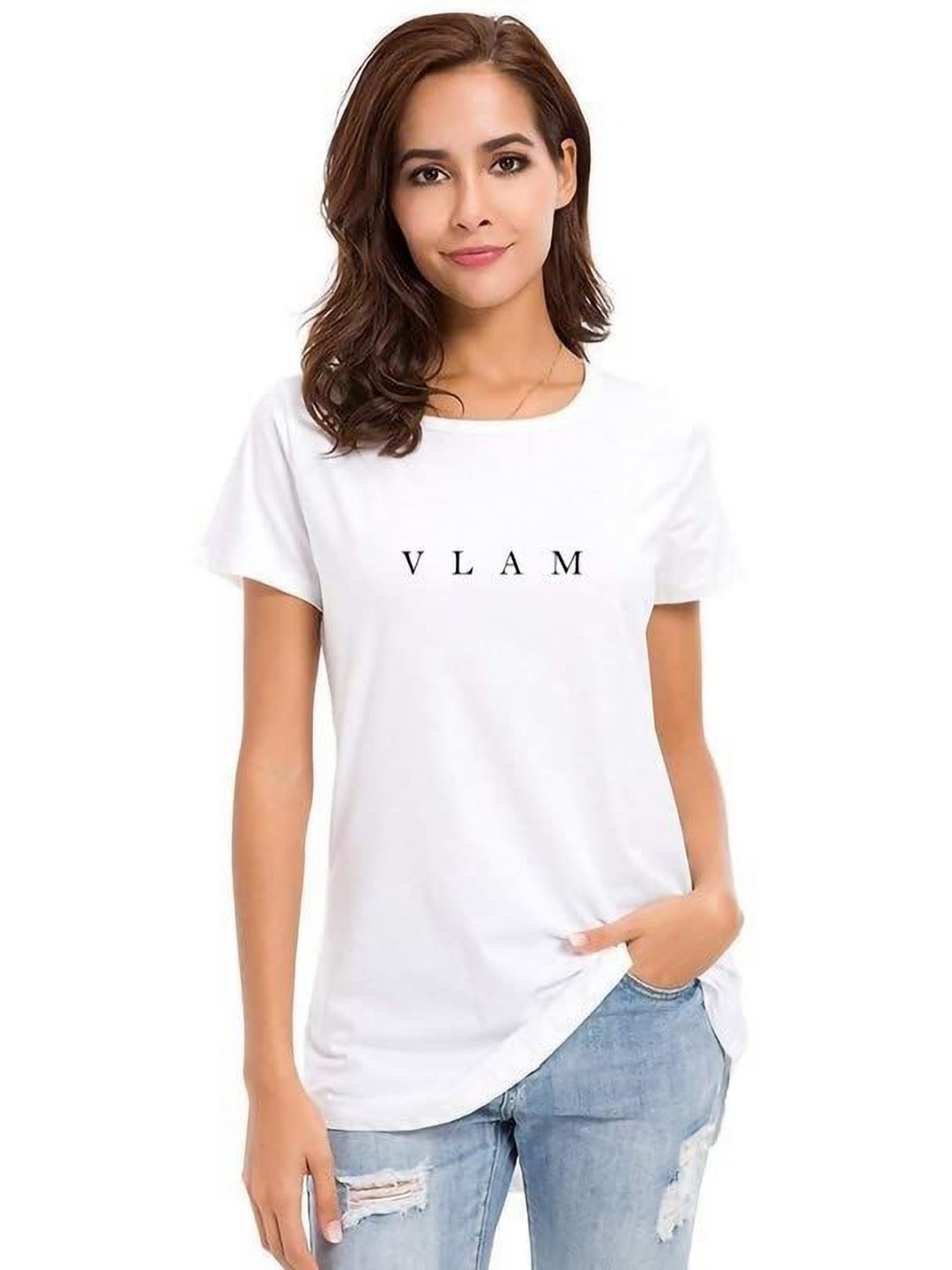 

VLAM Women Printed Raw Edge T-shirt, White