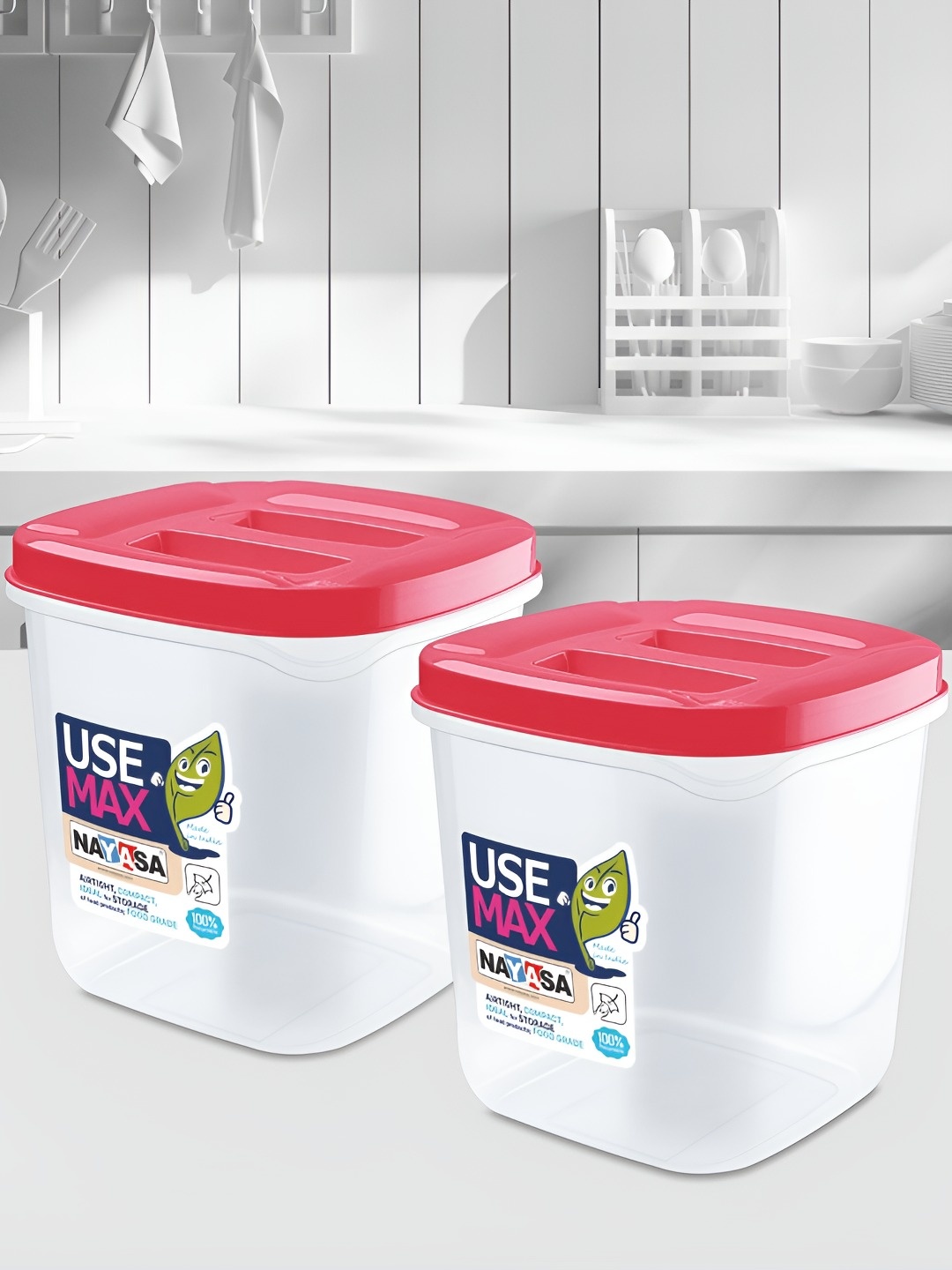 

Nayasa Use Max Set of 2 Pink Kitchen Storage Airtight Plastic Containers- 5 L