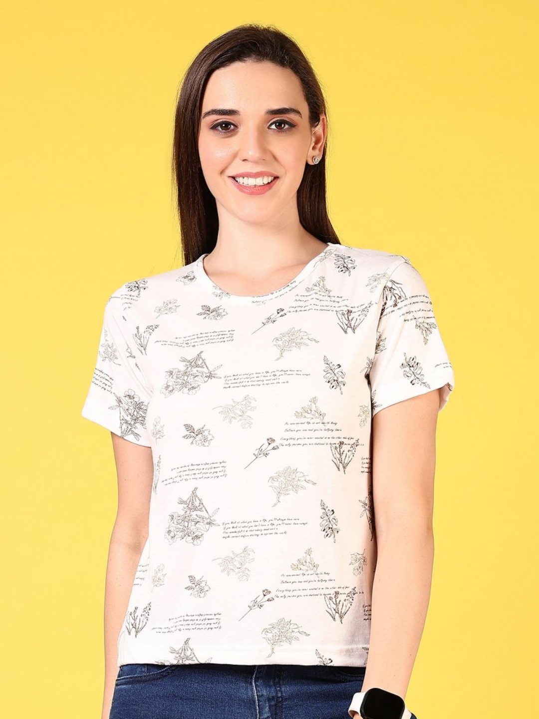 

V-Mart Women Conversational Printed Round Neck Cotton T-shirt, Off white