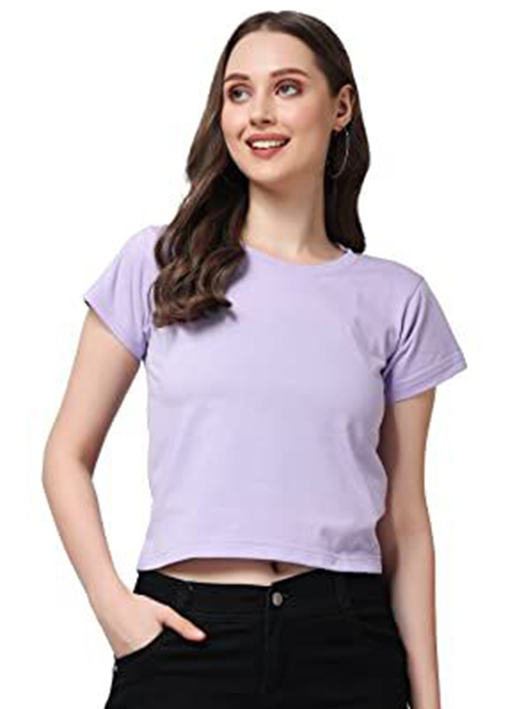 

NOTWILD Women Solid Round Neck Cotton T-shirt, Lavender