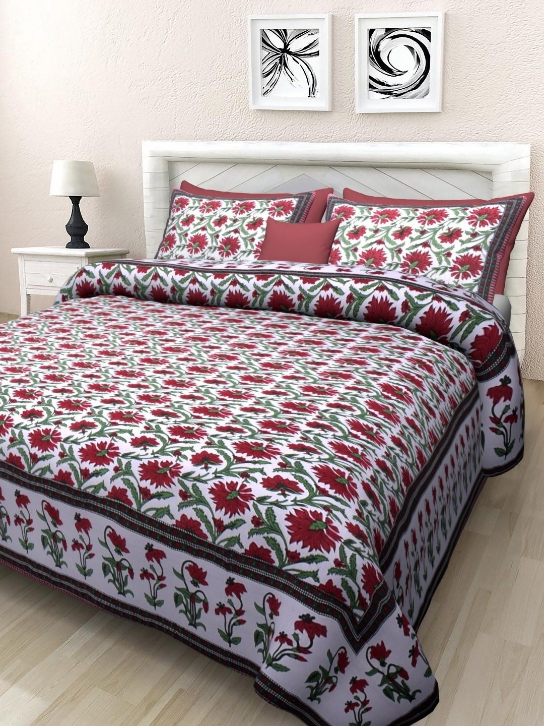 

INDHOME LIFE White & Red Floral Printed 220 TC Cotton King Bedsheet Set 2.28 m x 2.74 m