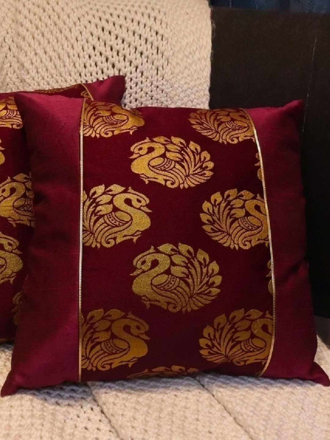 

HOME9INE Red And Gold 2 Abstract Floral Printed Square Cushion Covers, Maroon