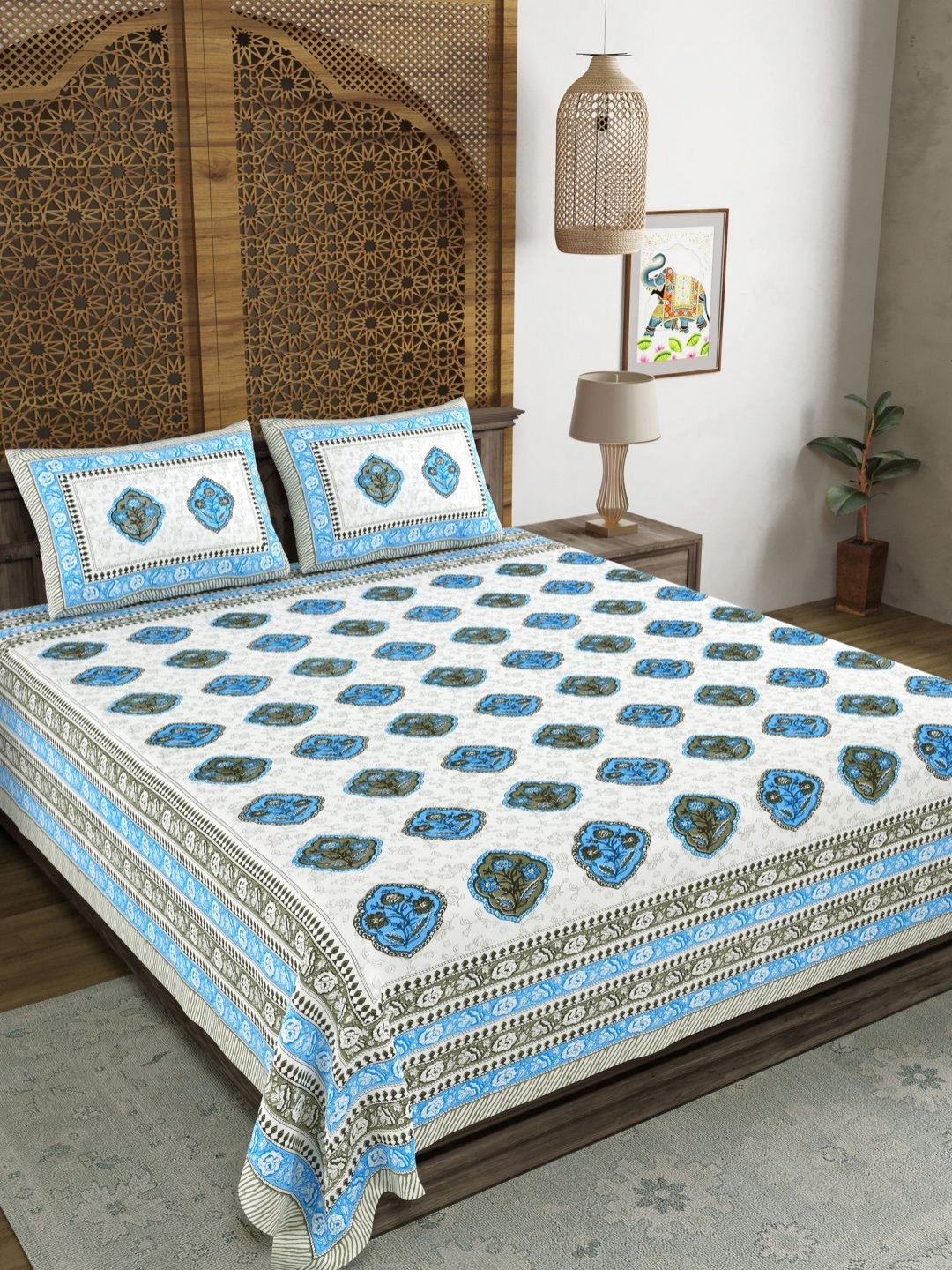 

Myntra Elegant Homes Blue Floral Printed 180 TC Cotton King Bedsheet Set 2.28 m x 2.74 m, White