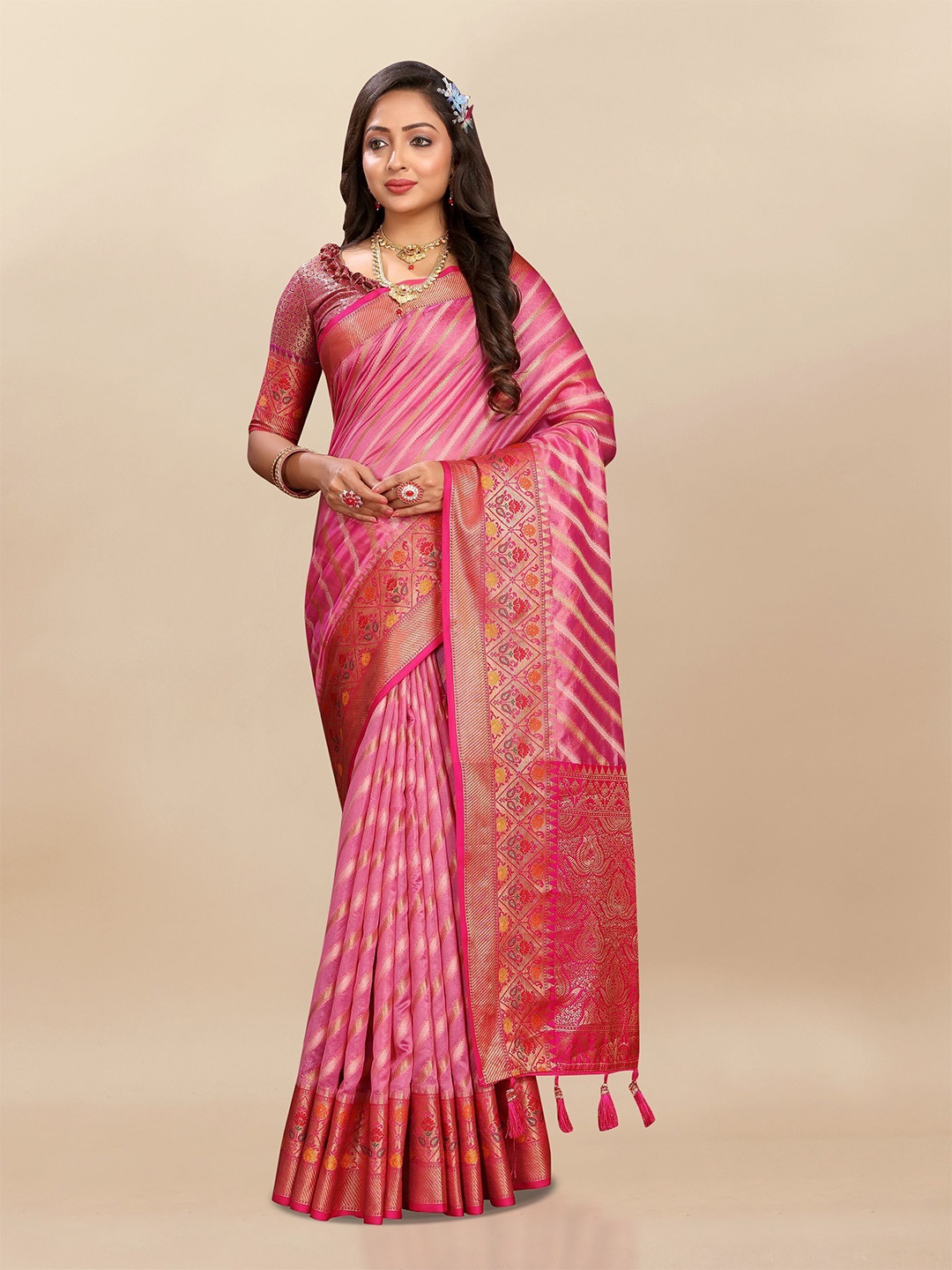 

bansari textiles Woven Design Zari Banarasi Saree, Pink