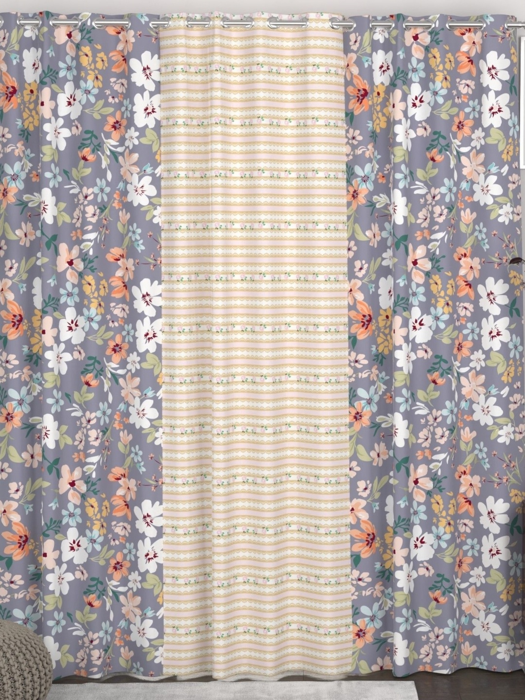 

CHHAVI INDIA Purple & White Set of 3 Floral Door Curtain