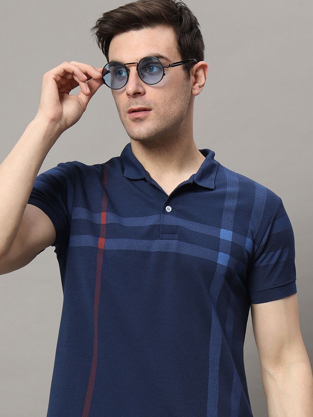

RELANE Men Checked Polo Collar Cotton T-shirt, Navy blue