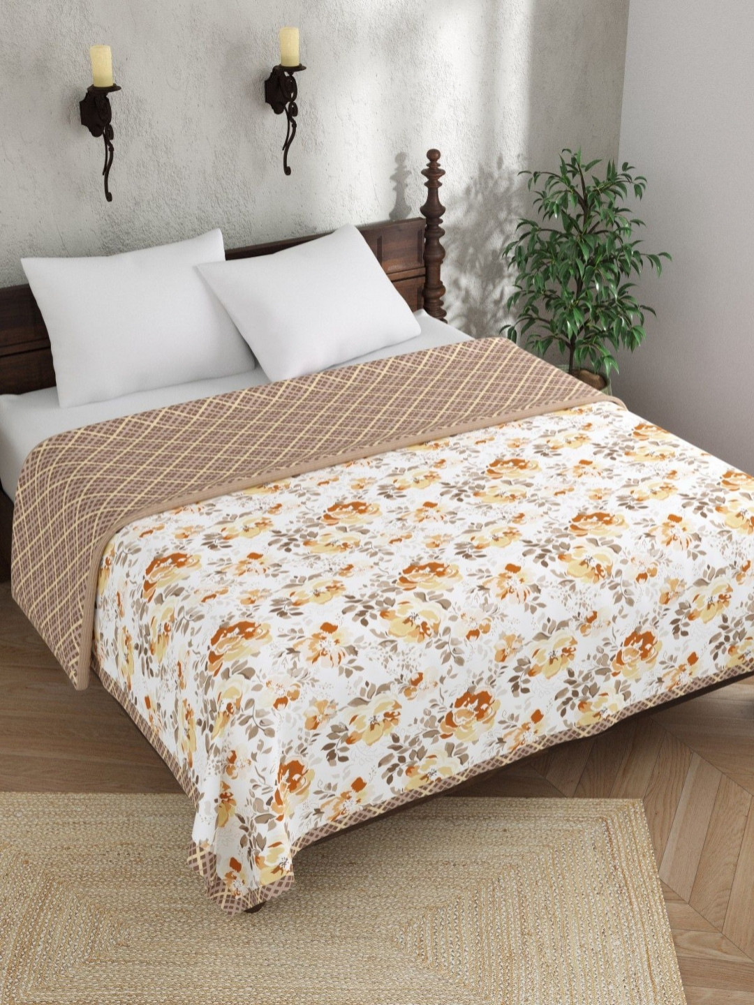 

Aura Breeze White & Brown Floral Printed Pure Cotton AC Room Double Bed Reversible Dohar