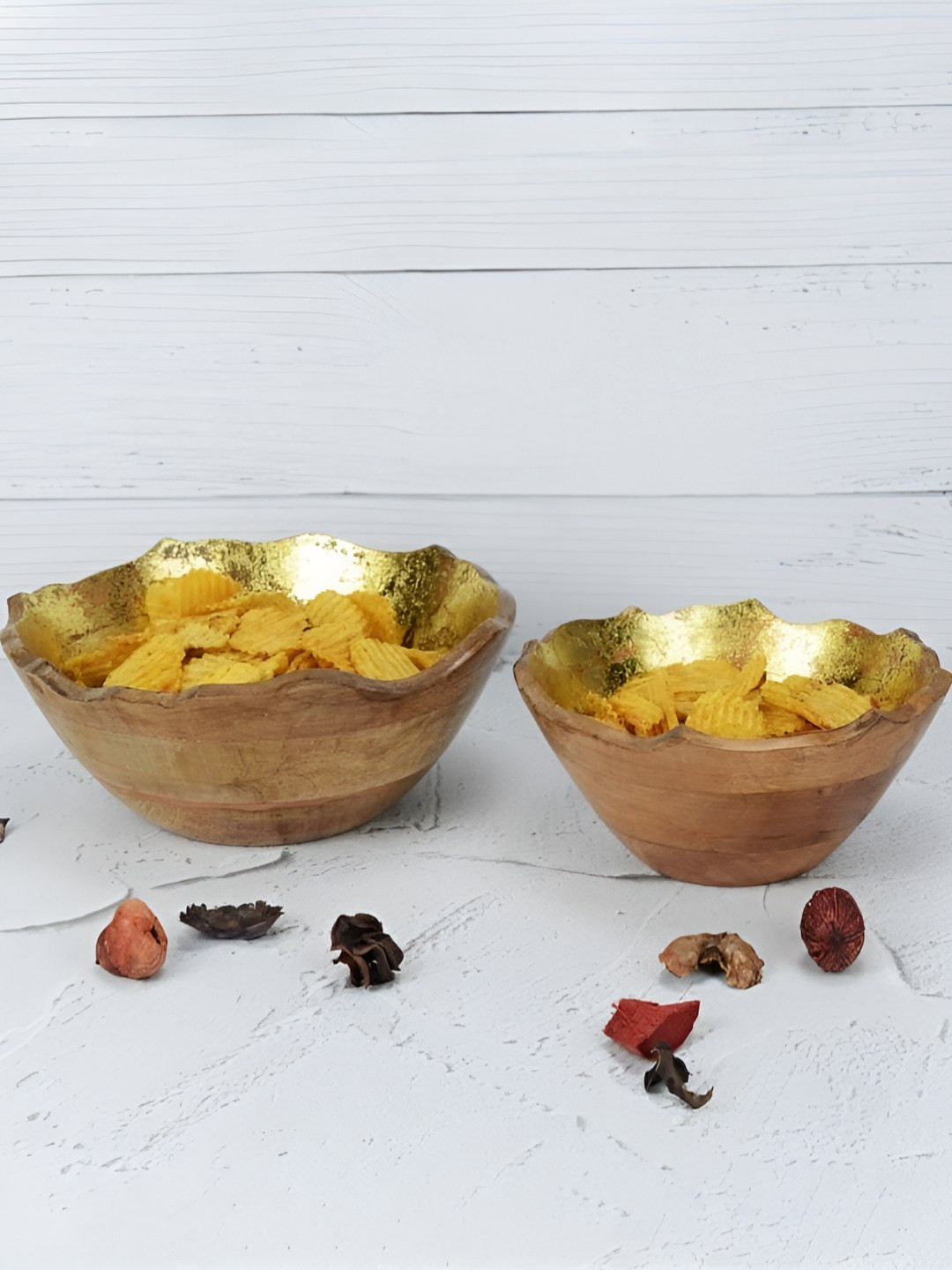 

Maison Modern Gold-Toned & Brown 2 Pieces Wooden Serving Bowl