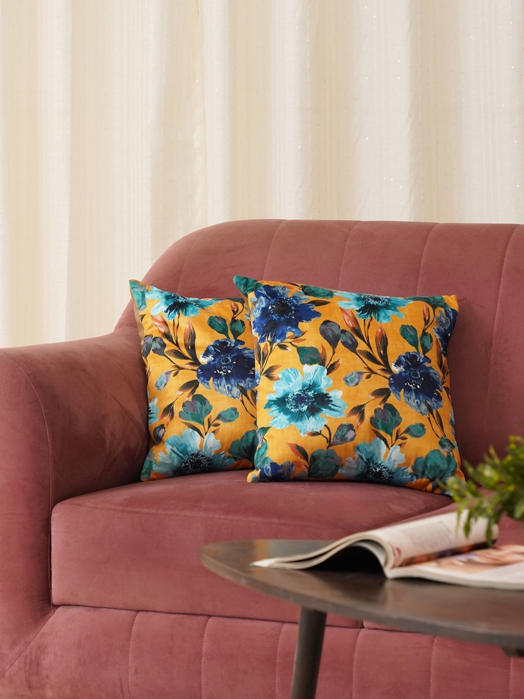 

HOME 360 Yellow & Blue 2 Pieces Floral Printed Square Cushion Covers