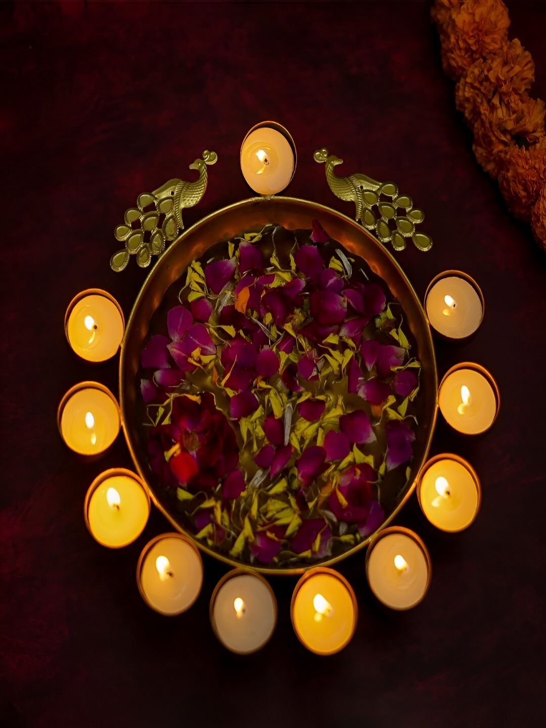 

Craftlayout Gold-Toned Peacock Shape Urli Decorative Bowl