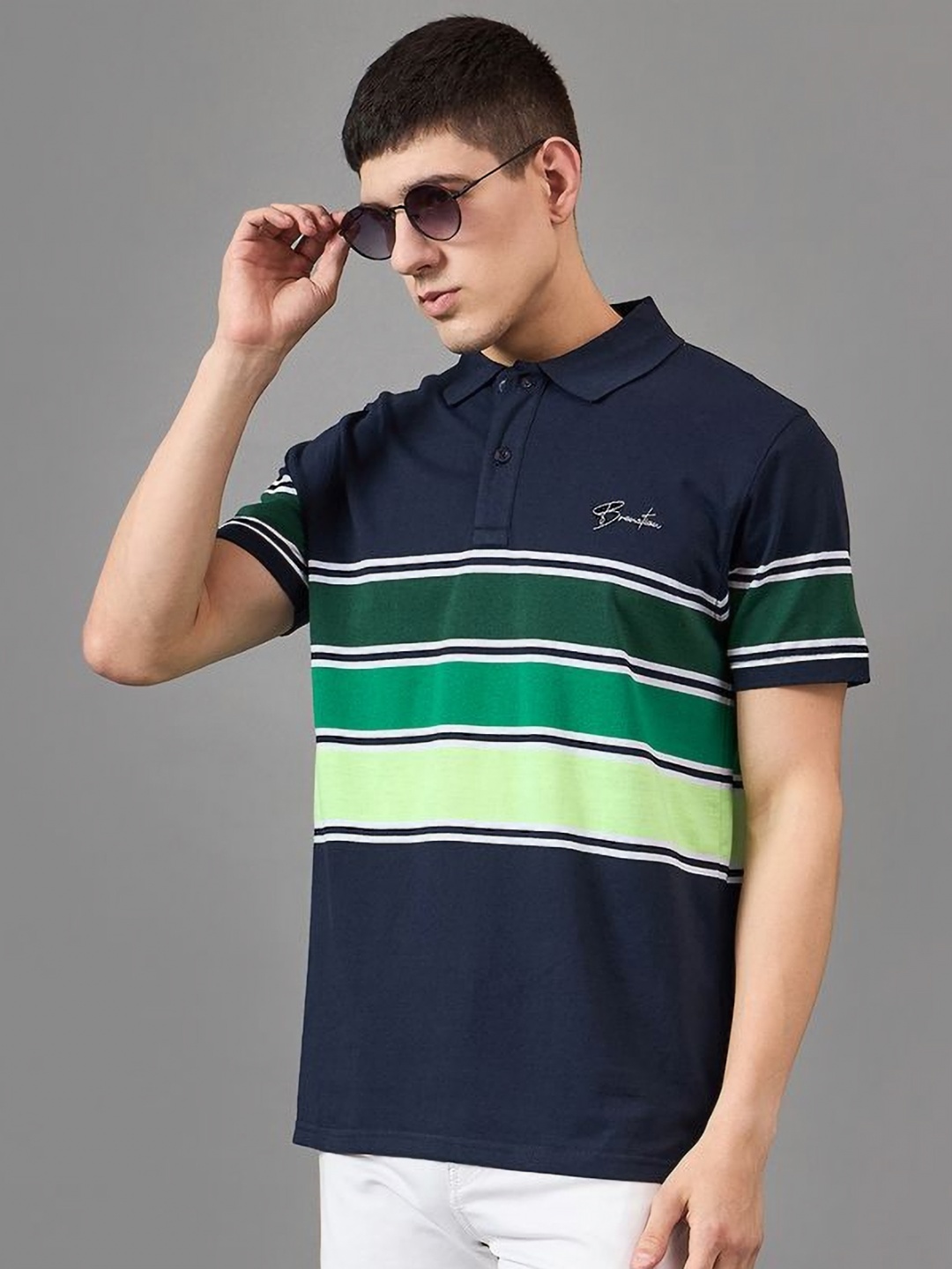 

BRONATION Men Striped Polo Collar Cotton T-shirt, Navy blue