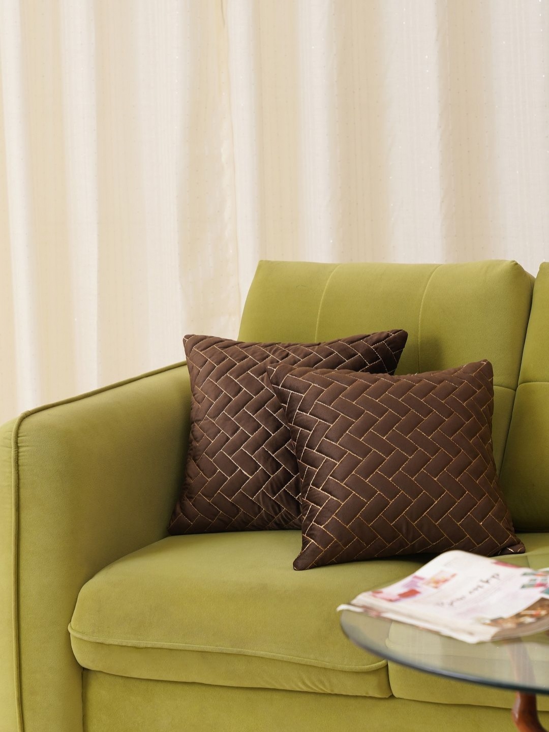 

HOME 360-2025 Brown 2 Pieces Geometric Velvet Square Cushion Covers
