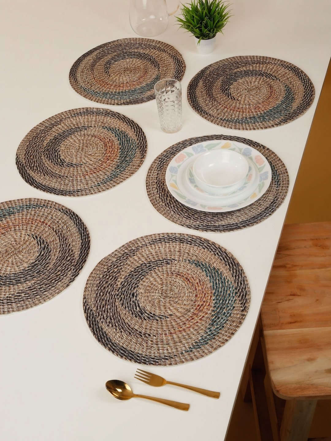 

HOSTA HOMES 6-Pcs Beige & Green Digital Printed Pure Cotton Table Placemats