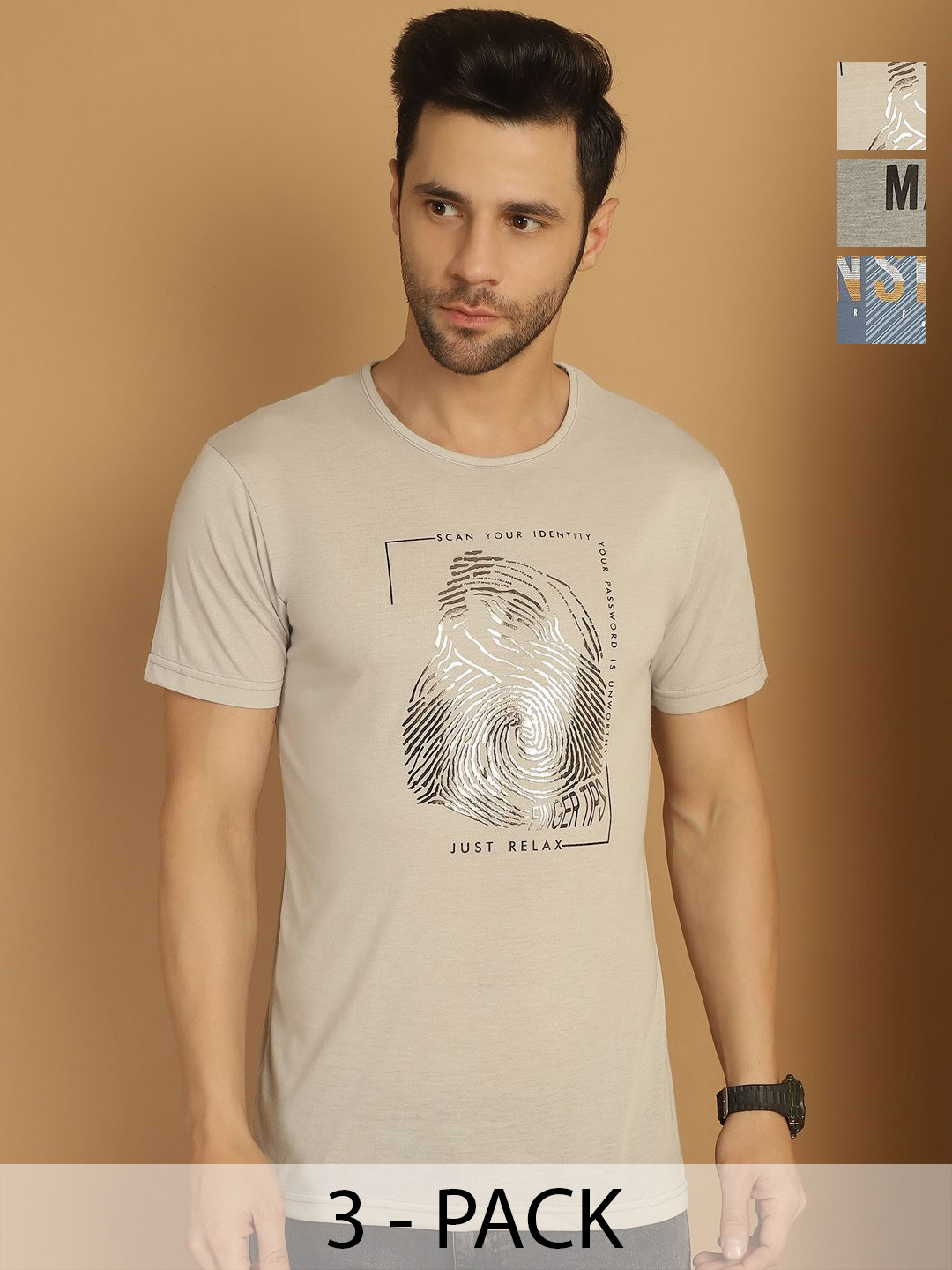 

MACK JONNEY Men Pack Of 3 Typography Printed Round Neck Cotton T-shirts, Cream