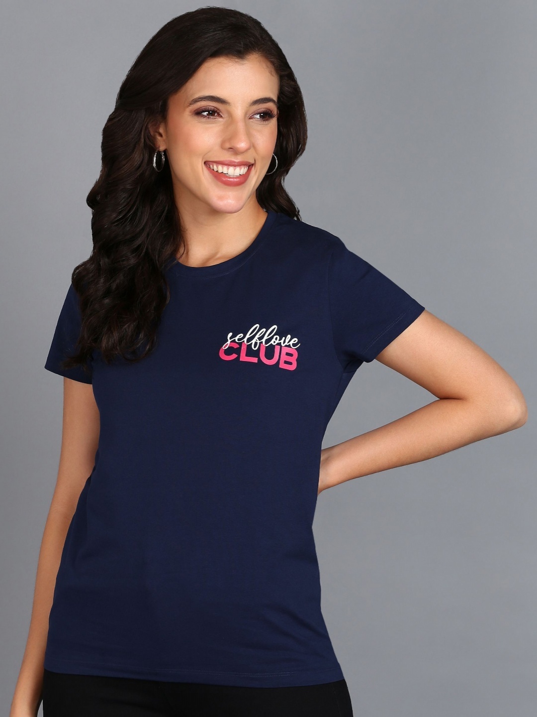 

Moda Rapido Women Typography Printed Round Neck Cotton Slim Fit T-shirt, Navy blue