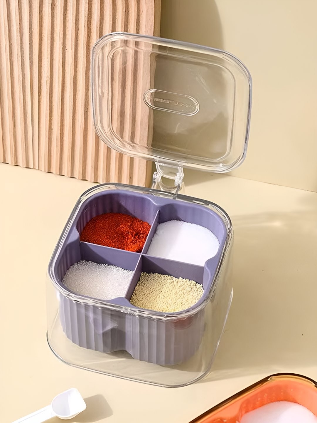 

DecorTwist Purple 4 Compartment Plastic Airtight Spice Box with Lid & Spoon