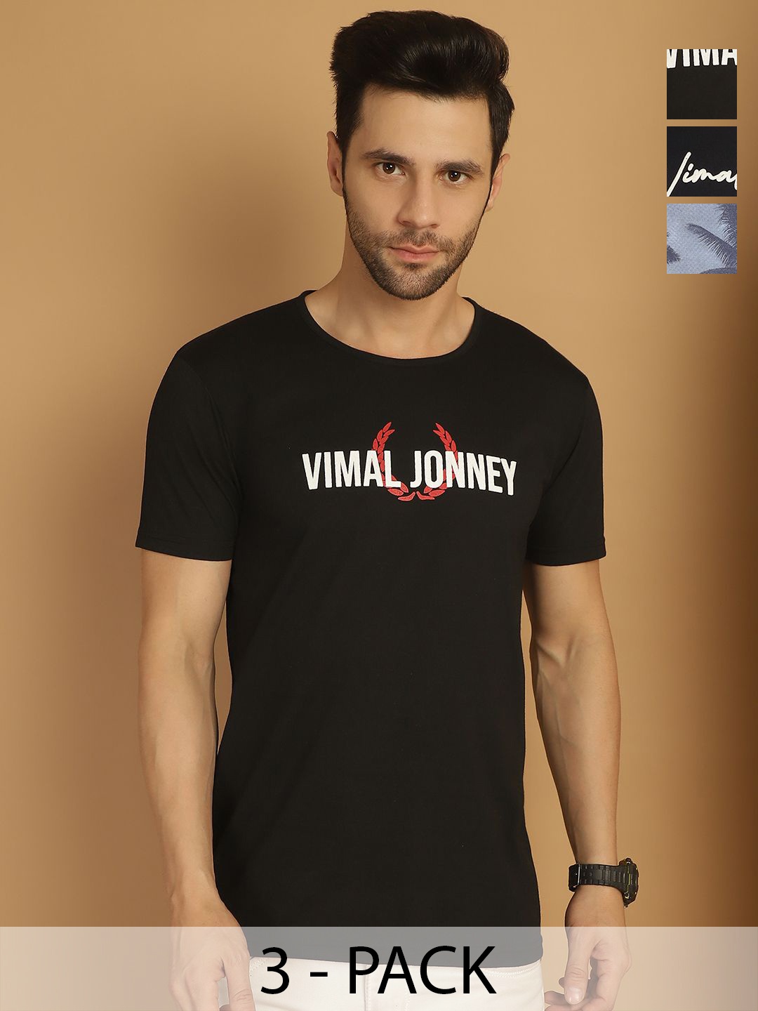 

VIMAL JONNEY Men Pack Of 3 Typography Printed Round Neck Cotton T-shirts, Black