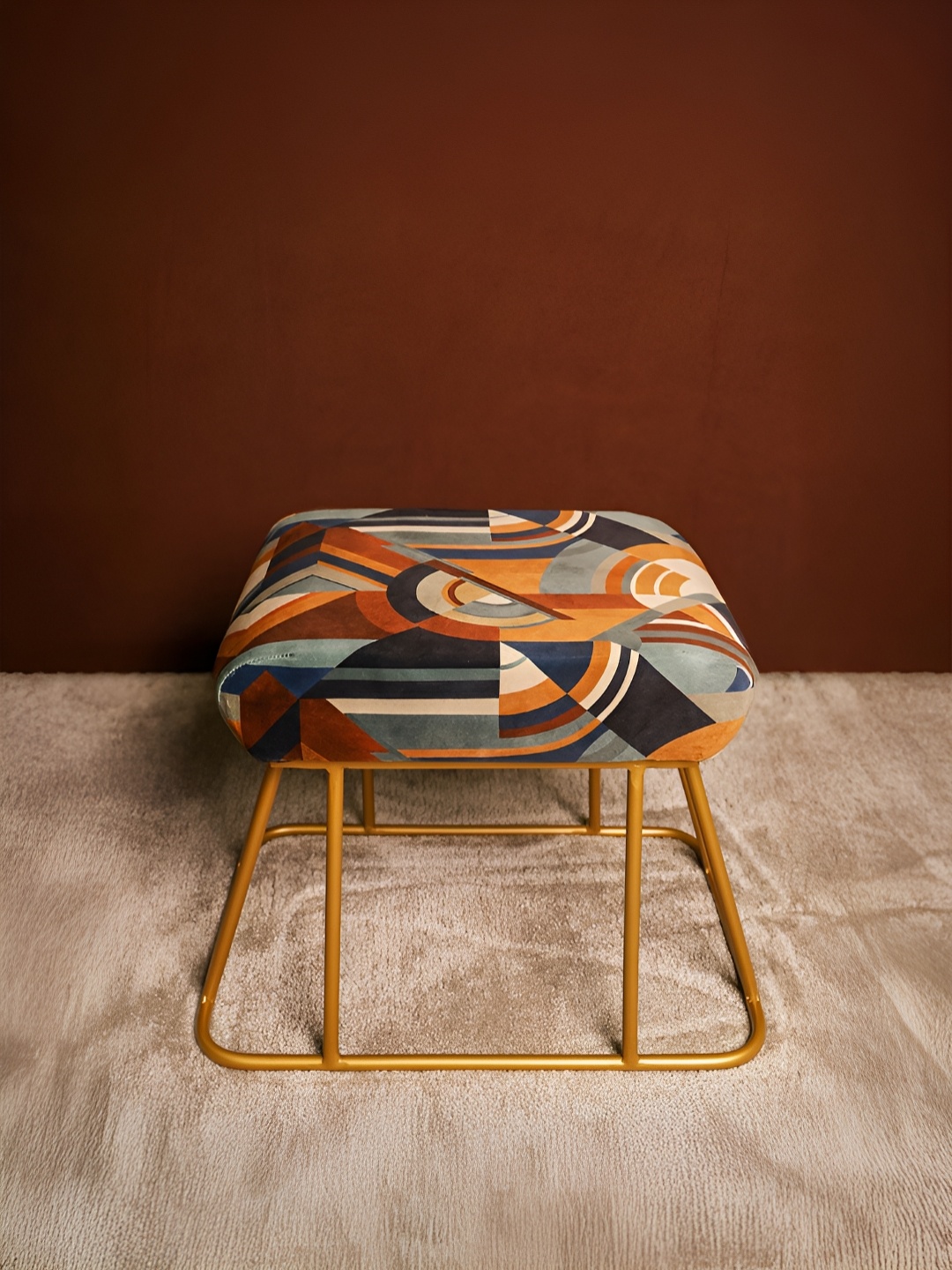 

Decoghar Orange-Coloured & Grey Abstract Geometric Printed Square Shaped Metallic Stool