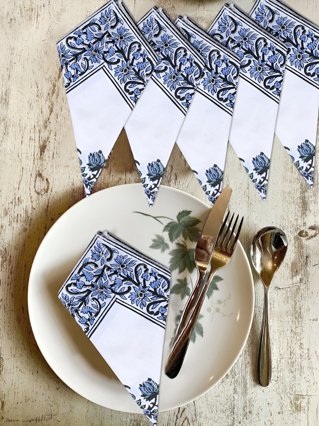 

Texstylers 6Pcs Blue & White Floral Printed Pure Cotton Table Napkins