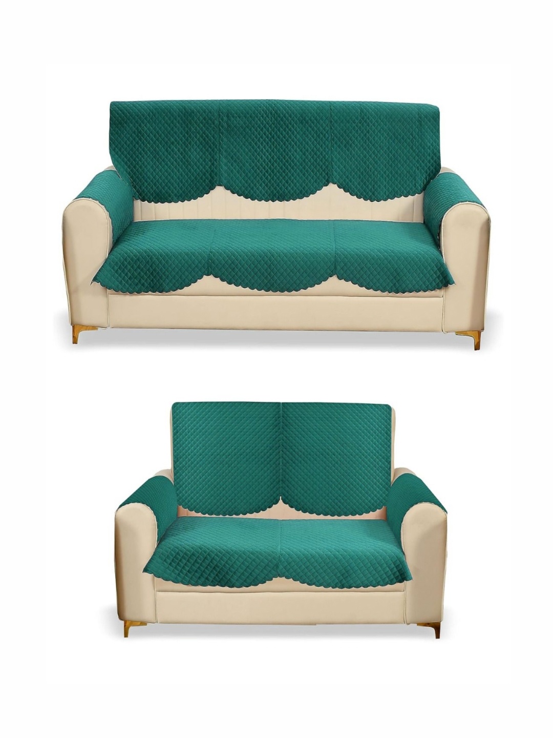 

Fashion Throw Teal 5 -Seater Checked Velvet Sofa Cover With Arms