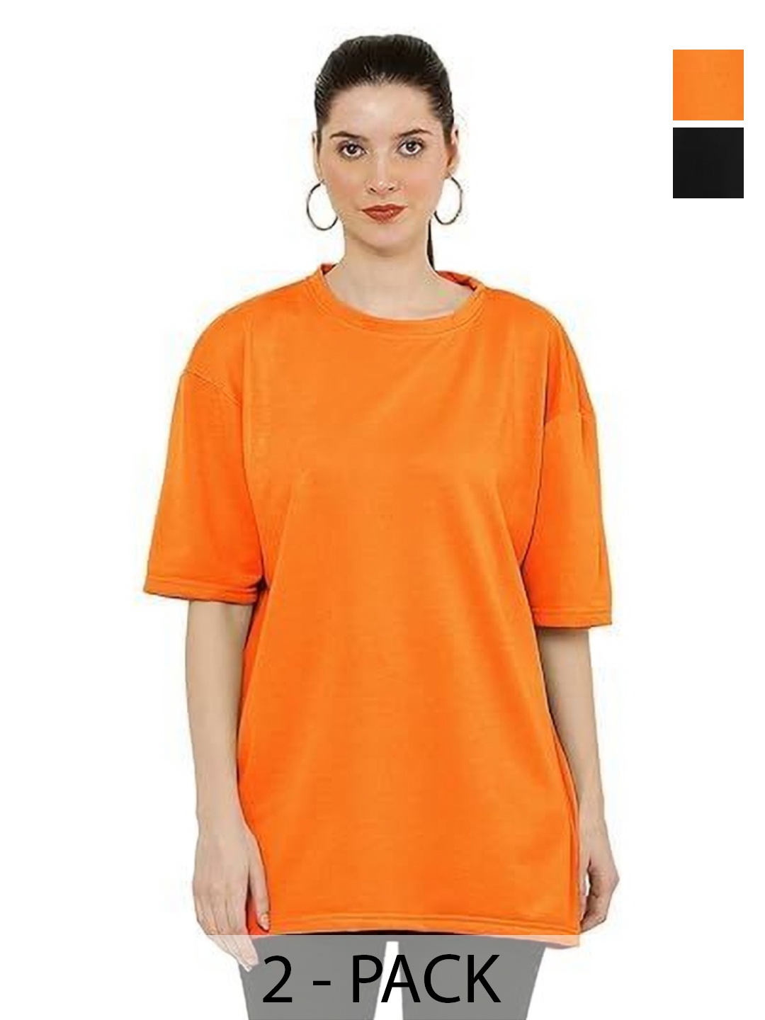 

NOTWILD Women Pack Of 2 Solid Round Neck Cotton Relaxed Fit T-shirts, Orange